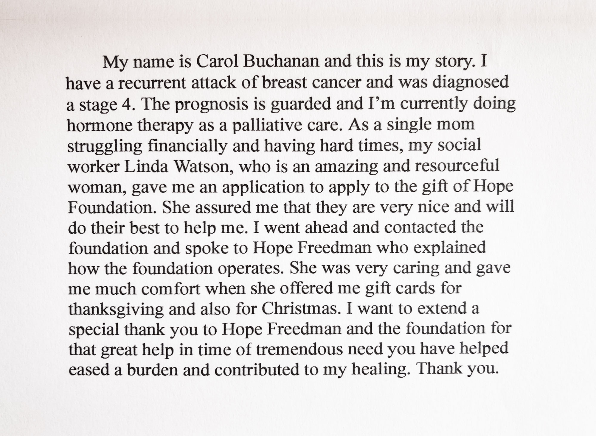 Testimonial - For The Gift of Hope Breast Cancer Foundation