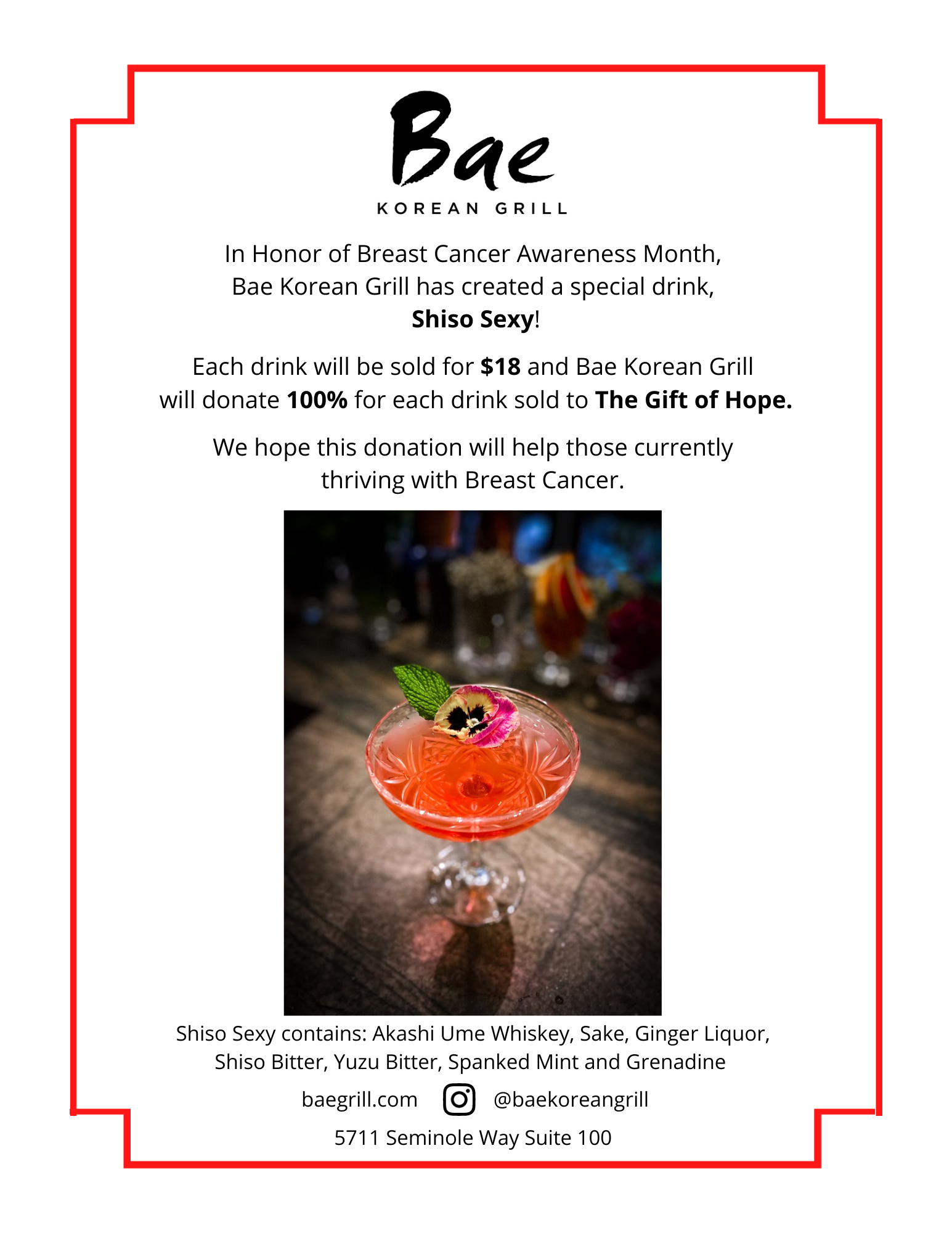 Bae Korean Grill - Special Cocktail's Proceeds go to Gift of Hope